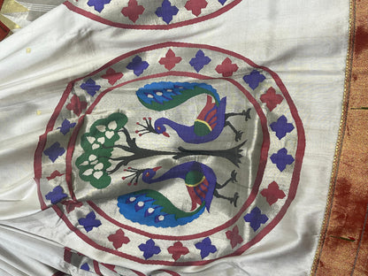 WHITE SILK PURE HANDLOOM PAITHANI SAREE