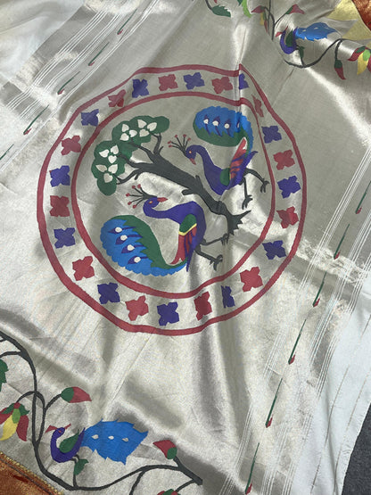 WHITE SILK PURE HANDLOOM PAITHANI SAREE