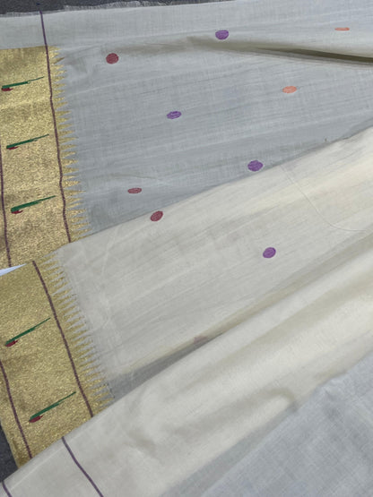 IVORY COTTON PURE HANDLOOM PAITHANI SAREE