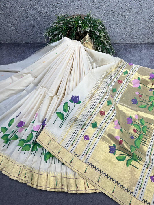 IVORY COTTON PURE HANDLOOM PAITHANI SAREE