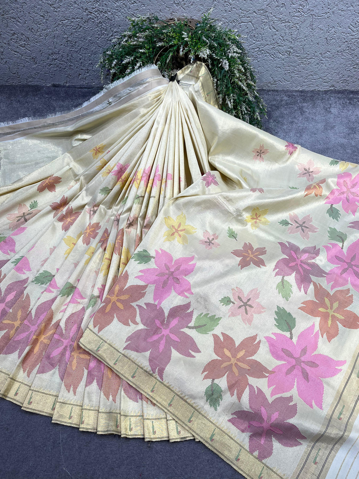 IVORY TISSUE PURE HANDLOOM PAITHANI SAREE