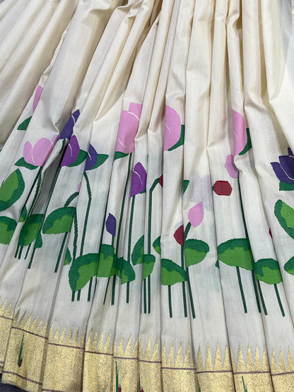 IVORY COTTON PURE HANDLOOM PAITHANI SAREE