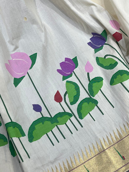 IVORY COTTON PURE HANDLOOM PAITHANI SAREE
