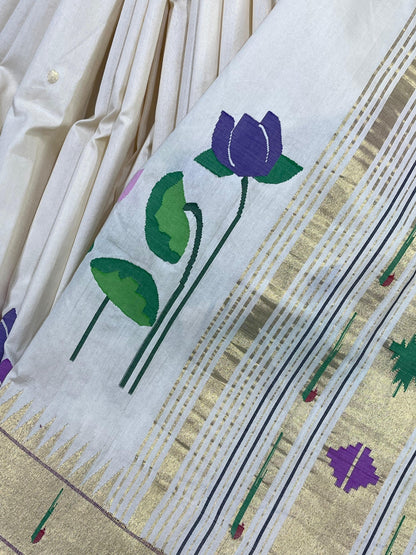 IVORY COTTON PURE HANDLOOM PAITHANI SAREE