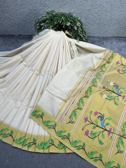 IVORY COTTON PURE HANDLOOM PAITHANI SAREE