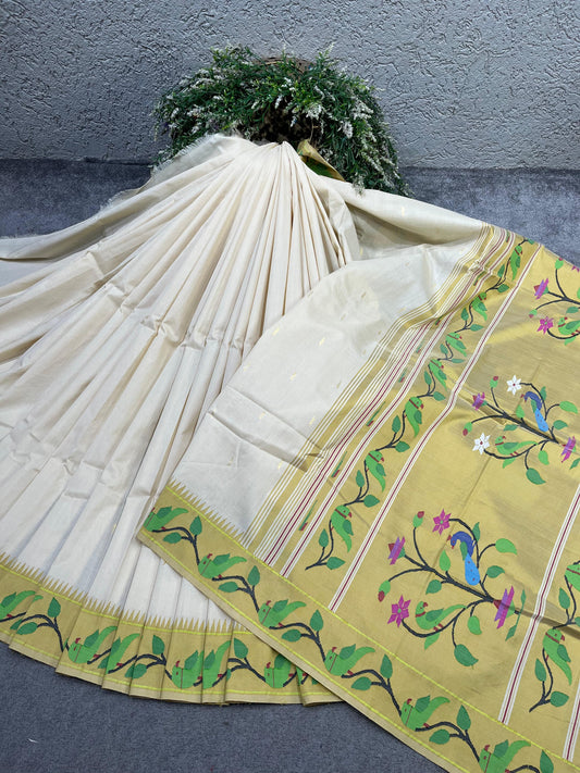 IVORY COTTON PURE HANDLOOM PAITHANI SAREE