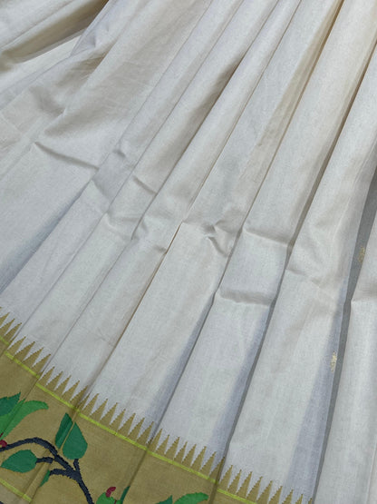 IVORY COTTON PURE HANDLOOM PAITHANI SAREE