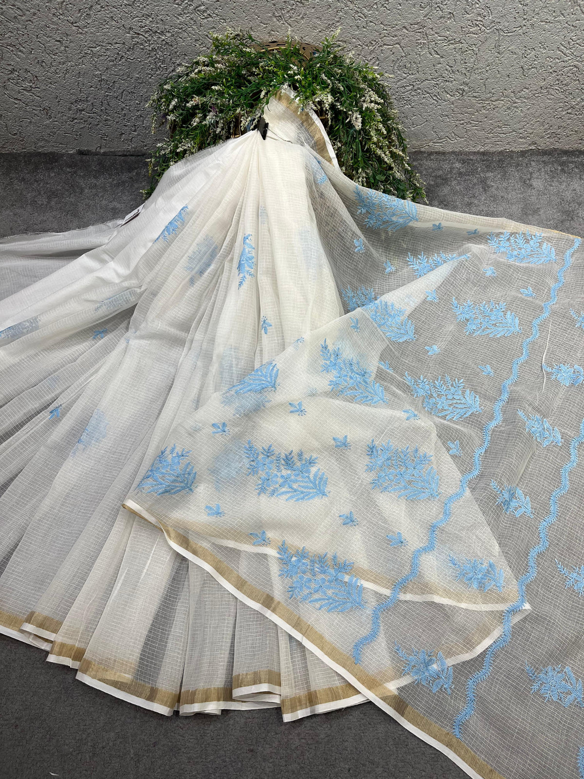 WHITE KOTA PURE HANDLOOM LUCKNOWI SAREE