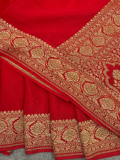 RED CHIFFON PURE HANDLOOM BANARASI SAREE