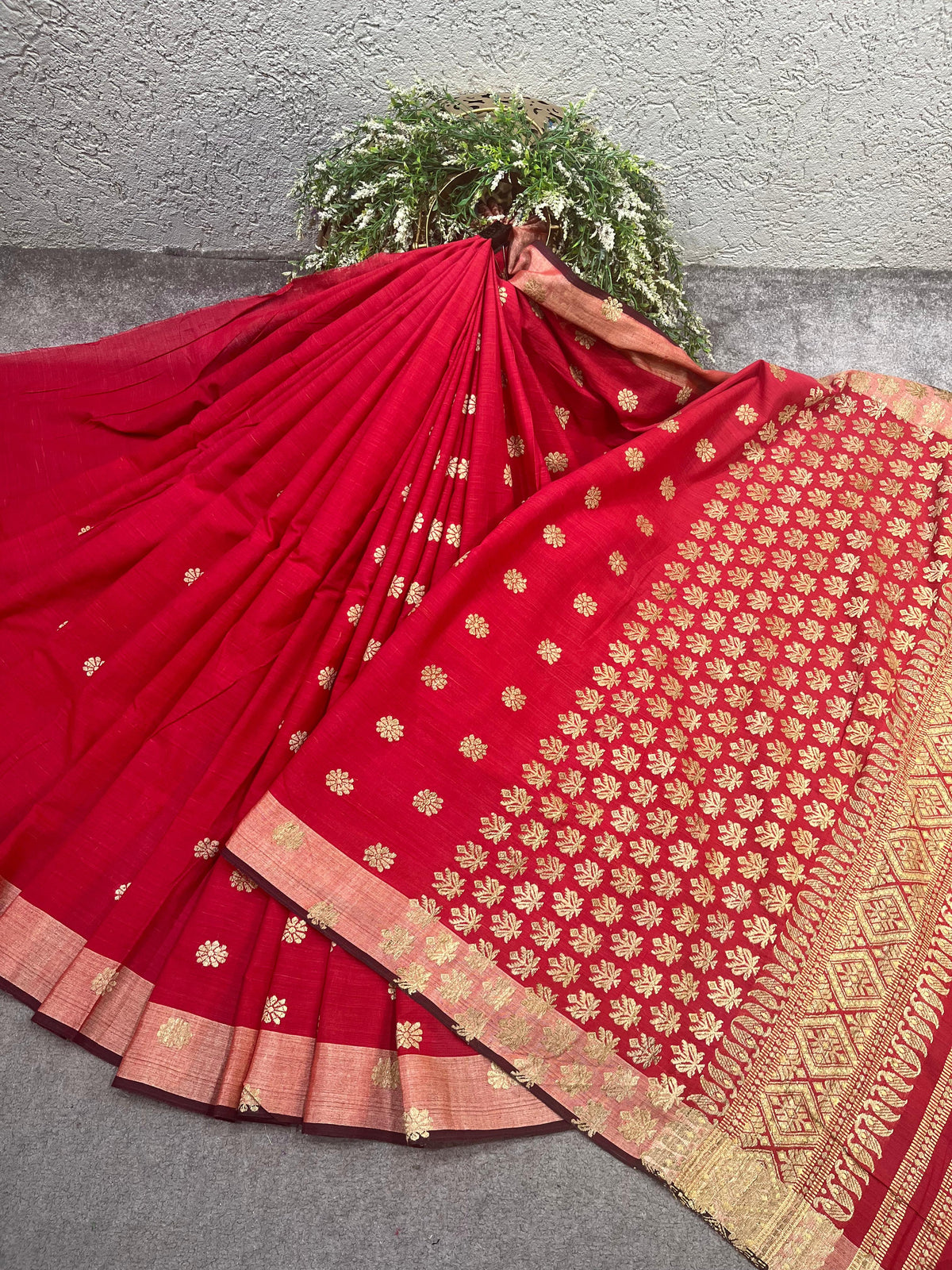 RED COTTON PURE HANDLOOM ASSAMESE SAREE