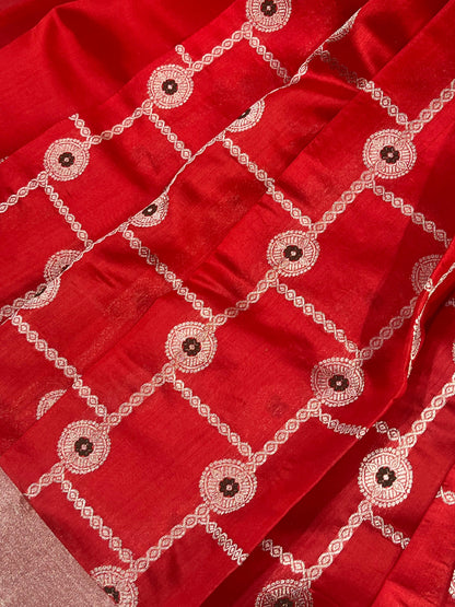 RED MUSHROO SILK PURE HANDLOOM CHANDERI SAREE