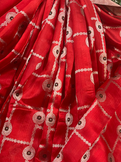 RED MUSHROO SILK PURE HANDLOOM CHANDERI SAREE