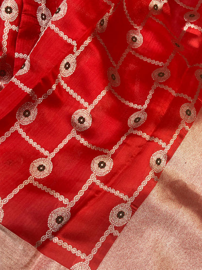 RED MUSHROO SILK PURE HANDLOOM CHANDERI SAREE