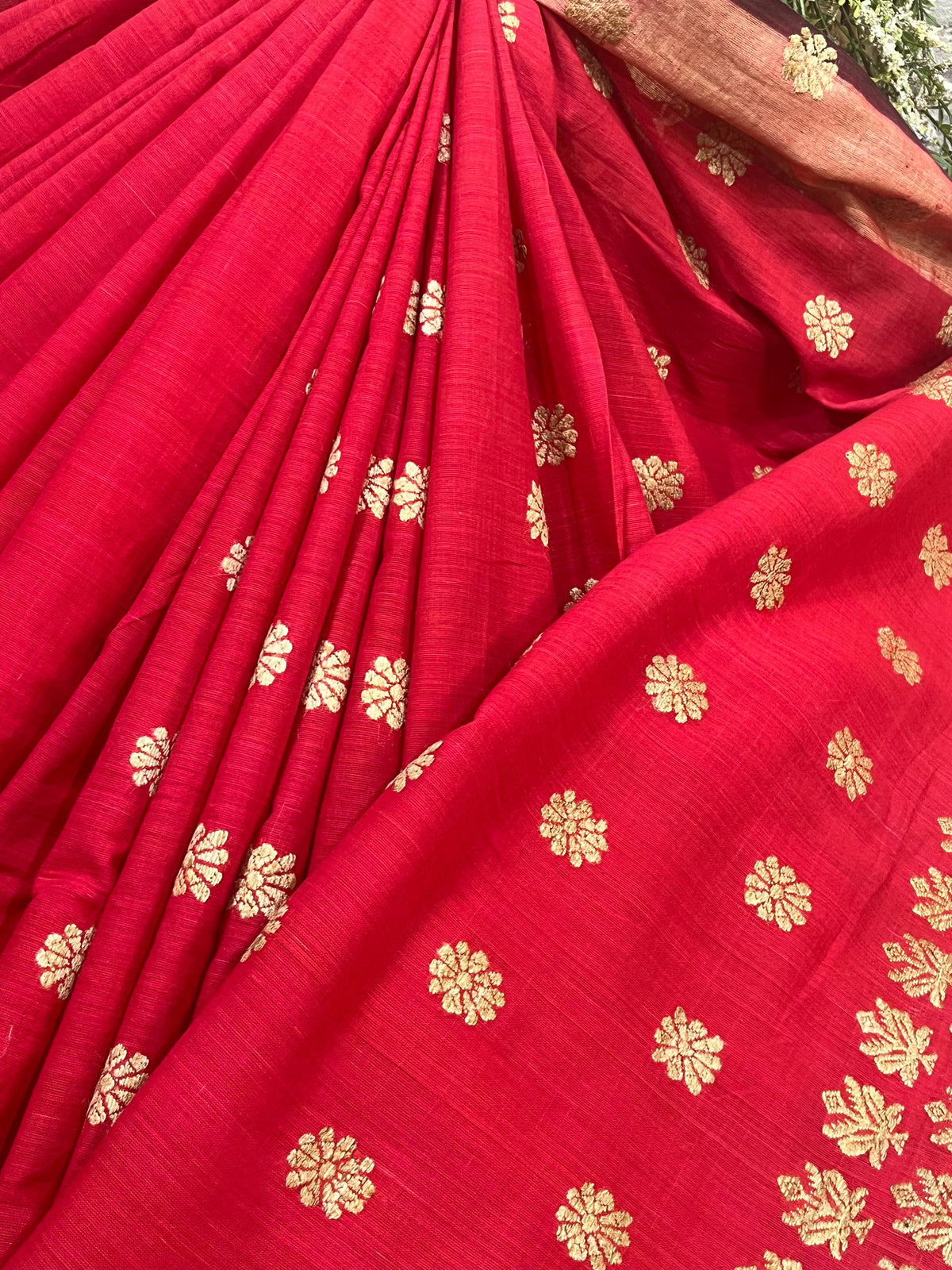 RED COTTON PURE HANDLOOM ASSAMESE SAREE