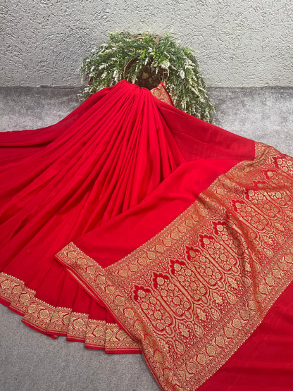 RED CHIFFON PURE HANDLOOM BANARASI SAREE