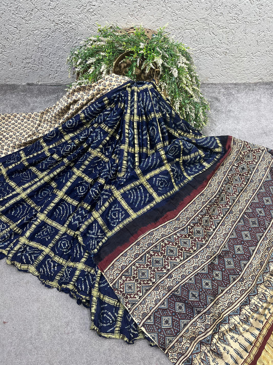 NAVY BLUE GAJJI SILK PURE HANDLOOM BANDHEJ SAREE