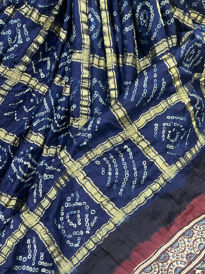 NAVY BLUE GAJJI SILK PURE HANDLOOM BANDHEJ SAREE