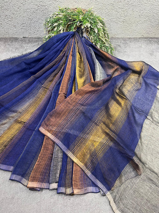 NAVY BLUE PURE HANDLOOM LINEN SAREE