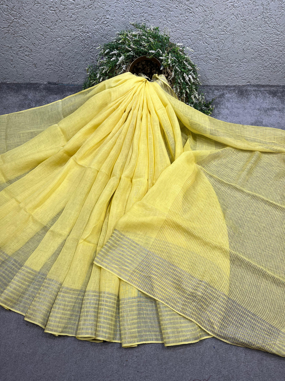 LEMON YELLOW PURE HANDLOOM LINEN SAREE