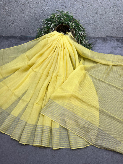 LEMON YELLOW PURE HANDLOOM LINEN SAREE
