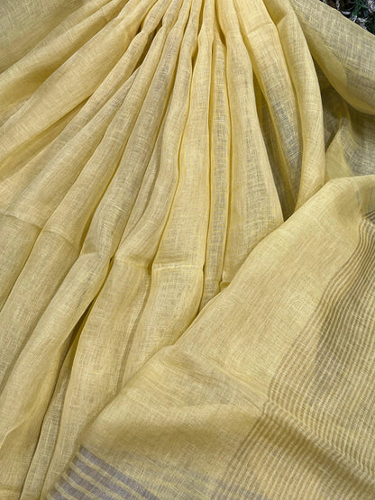 LEMON YELLOW PURE HANDLOOM LINEN SAREE