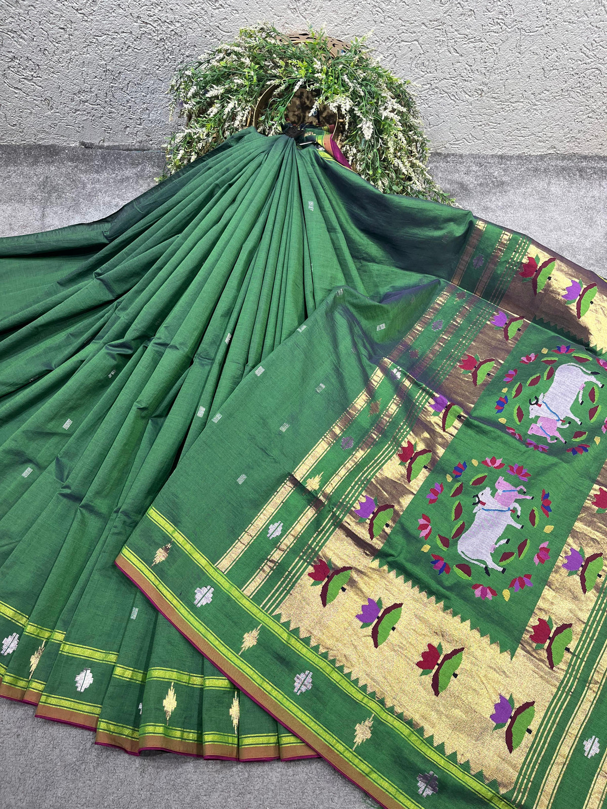GREEN COTTON PURE HANDLOOM PAITHANI SAREE