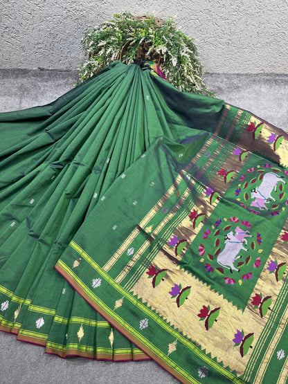 GREEN COTTON PURE HANDLOOM PAITHANI SAREE