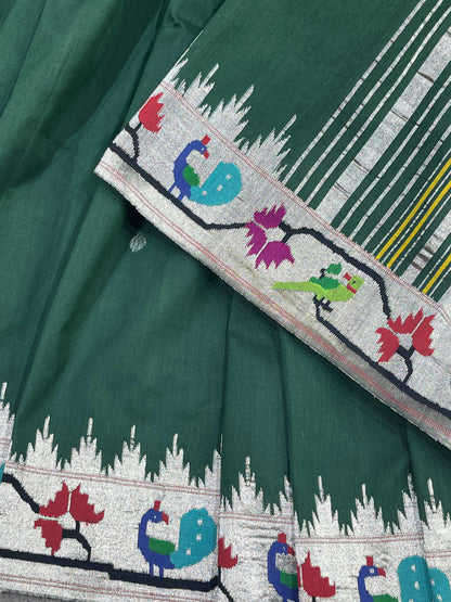 GREEN COTTON PURE HANDLOOM PAITHANI SAREE