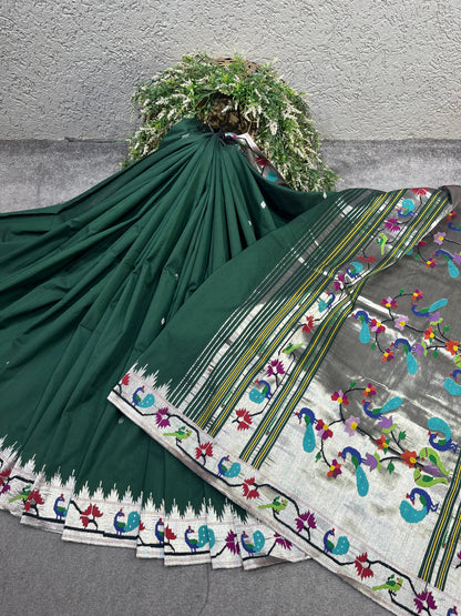 GREEN COTTON PURE HANDLOOM PAITHANI SAREE