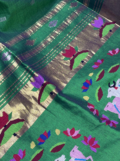 GREEN COTTON PURE HANDLOOM PAITHANI SAREE
