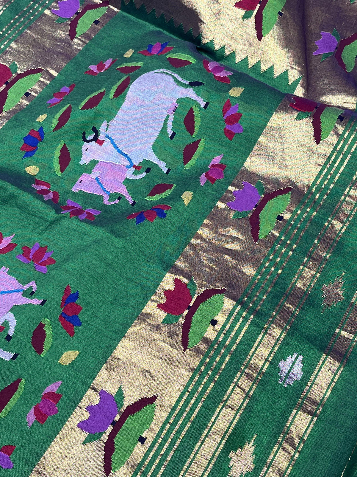 GREEN COTTON PURE HANDLOOM PAITHANI SAREE