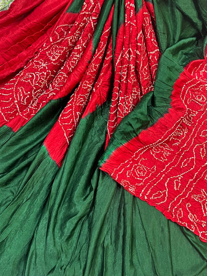 GREEN GAJJI SILK PURE HANDLOOM BANDHEJ SAREE