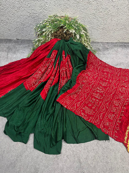 GREEN GAJJI SILK PURE HANDLOOM BANDHEJ SAREE