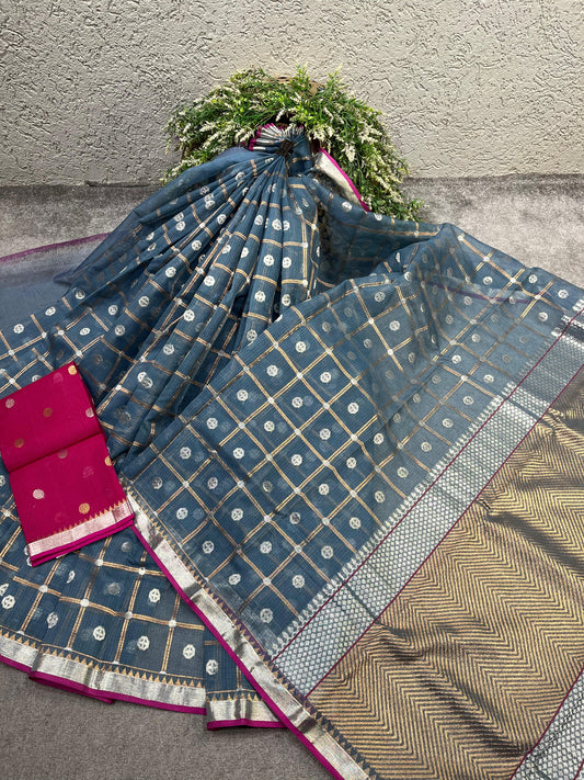 GREY PURE HANDLOOM REAL JARI KOTA DORIYA SAREE