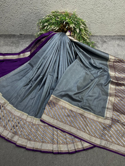 GREY SILK PURE HANDLOOM BANARASI SAREE