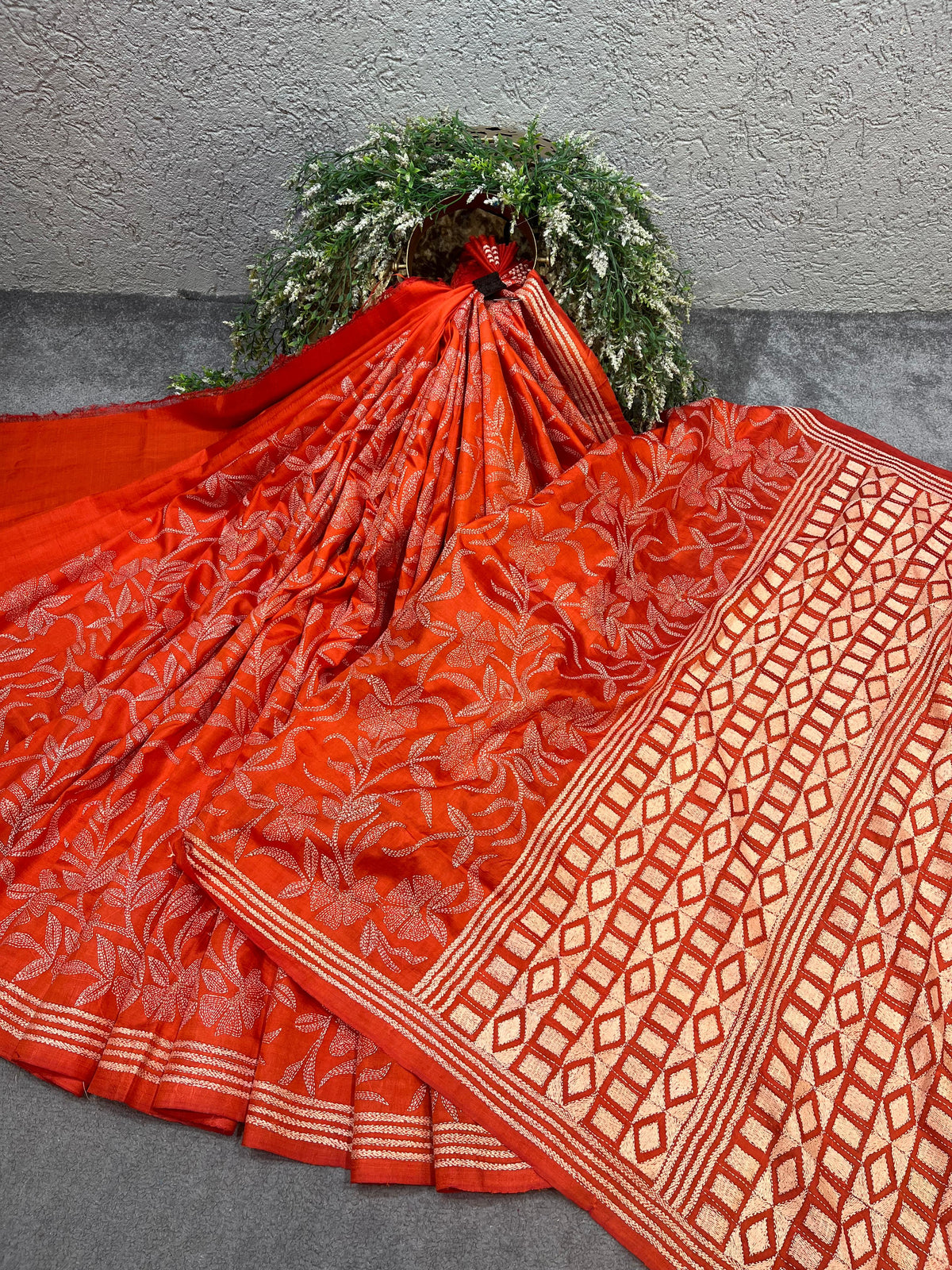 ORANGE TASSAR PURE HANDLOOM KANTHA EMBROIDERY SAREE
