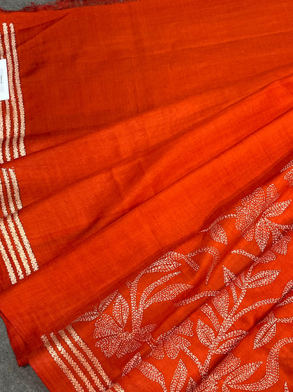 ORANGE TASSAR PURE HANDLOOM KANTHA EMBROIDERY SAREE