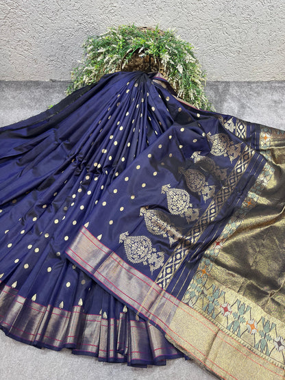 NAVY BLUE MULBERRY SILK PURE HANDLOOM PAITHANI SAREE
