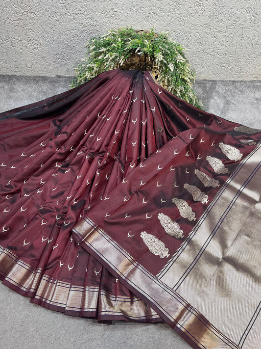 WINE MAROON MULBERRY SILK PURE HANDLOOM PAITHANI SAREE