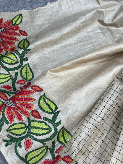 CREAM TASSAR PURE HANDLOOM KANTHA EMBROIDERY SAREE