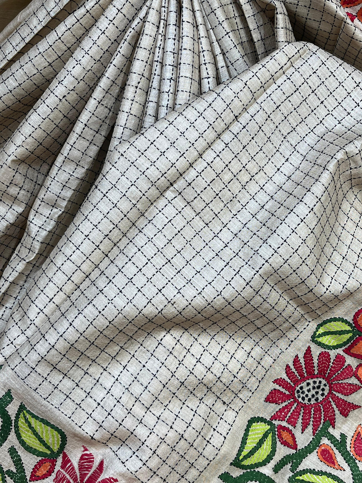 CREAM TASSAR PURE HANDLOOM KANTHA EMBROIDERY SAREE