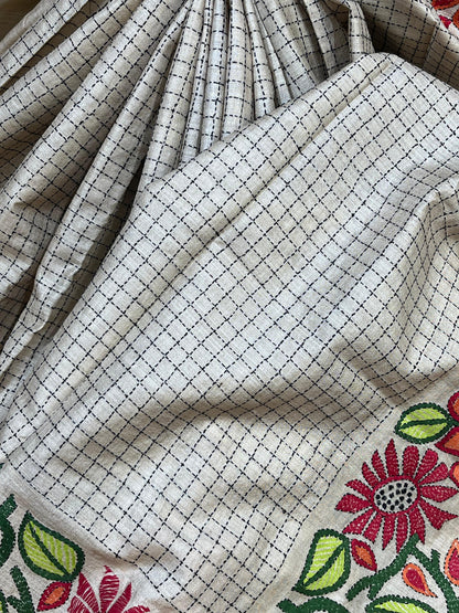 CREAM TASSAR PURE HANDLOOM KANTHA EMBROIDERY SAREE