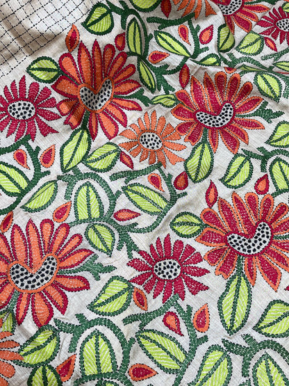 CREAM TASSAR PURE HANDLOOM KANTHA EMBROIDERY SAREE