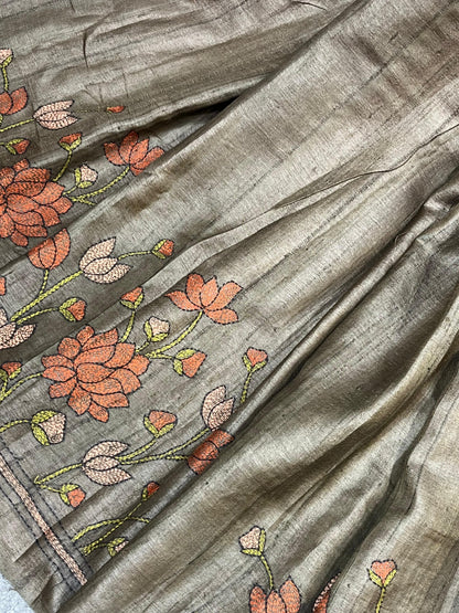 BROWN TASSAR PURE HANDLOOM KANTHA EMBROIDERY SAREE
