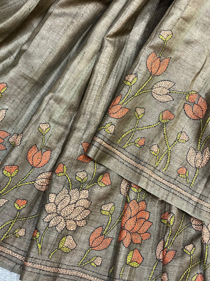 BROWN TASSAR PURE HANDLOOM KANTHA EMBROIDERY SAREE