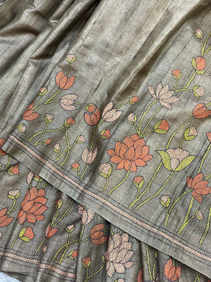 BROWN TASSAR PURE HANDLOOM KANTHA EMBROIDERY SAREE