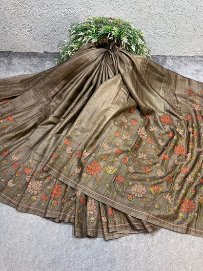 BROWN TASSAR PURE HANDLOOM KANTHA EMBROIDERY SAREE