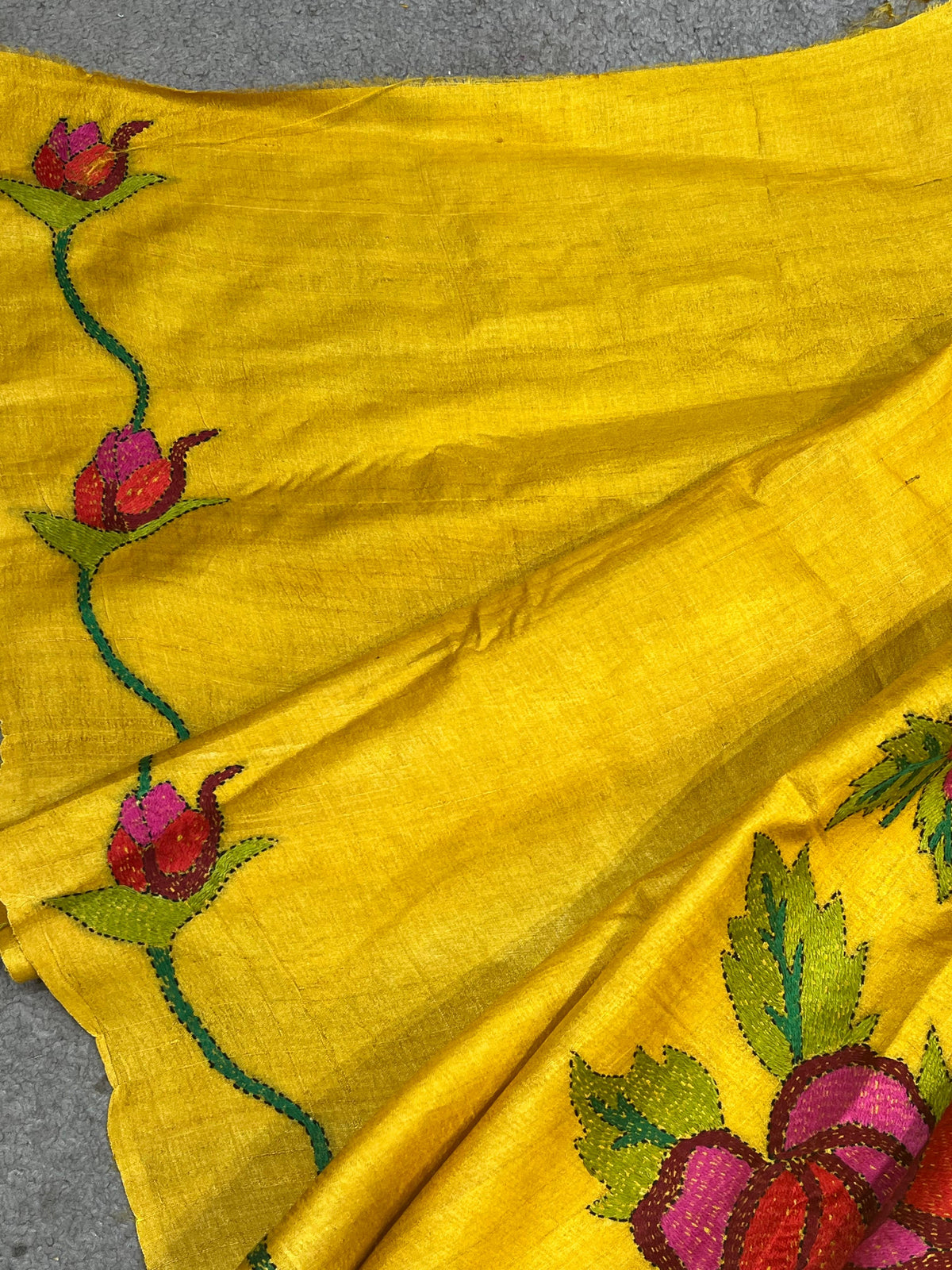 MUSTARD YELLOW TASSAR PURE HANDLOOM KANTHA EMBROIDERY SAREE
