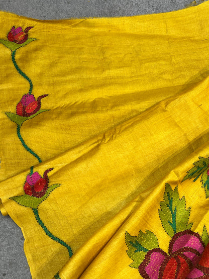 MUSTARD YELLOW TASSAR PURE HANDLOOM KANTHA EMBROIDERY SAREE