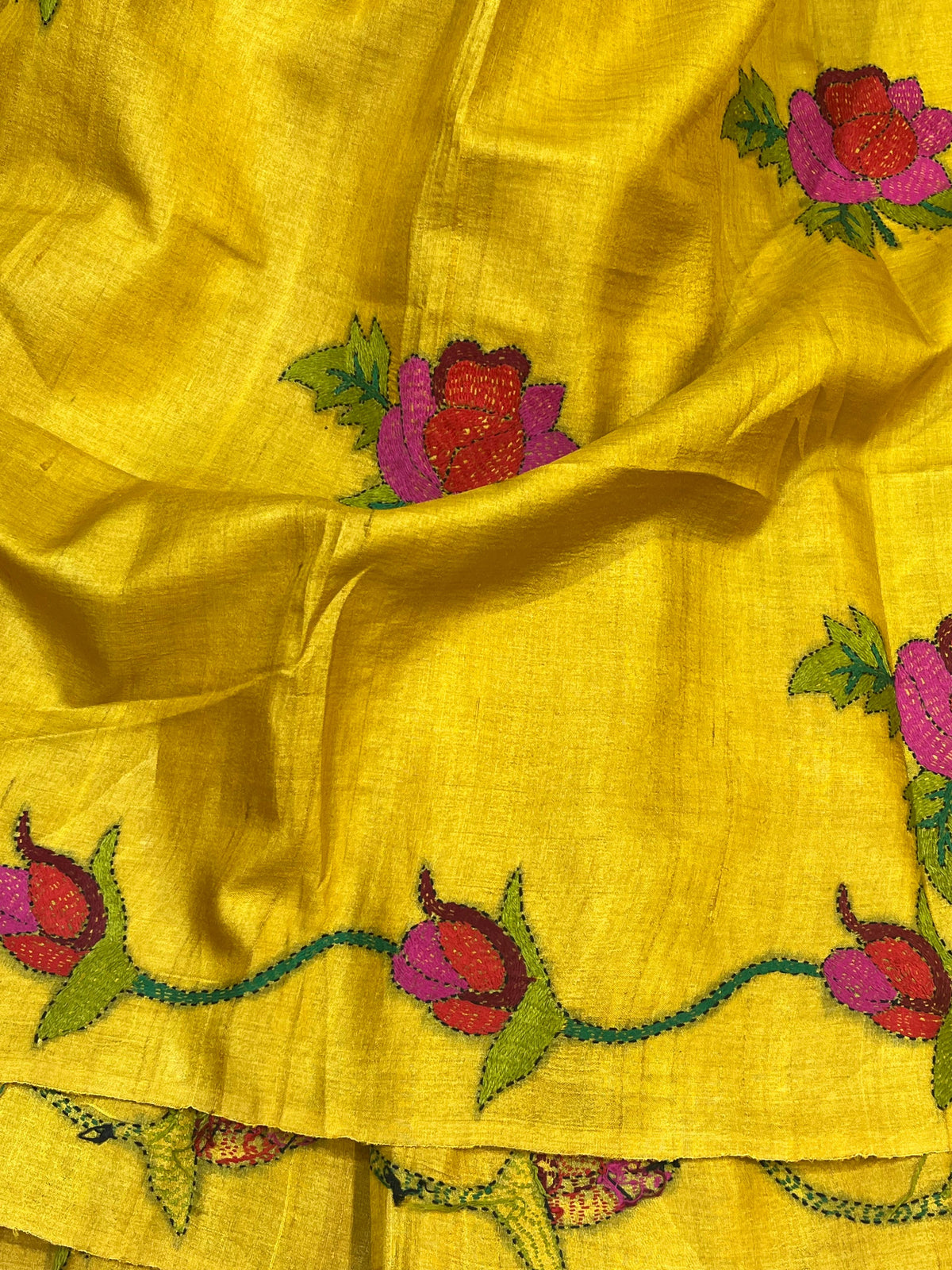 MUSTARD YELLOW TASSAR PURE HANDLOOM KANTHA EMBROIDERY SAREE